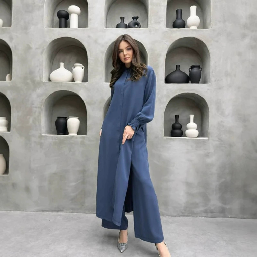Fashion Longline Stand Collar Shirt Straight Pants Two Piece Set Casual Comfort